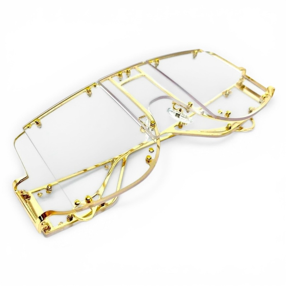 Oversized Shield Sunglasses Unisex OS Gold New Studded‎ Clear Lens Flat Top